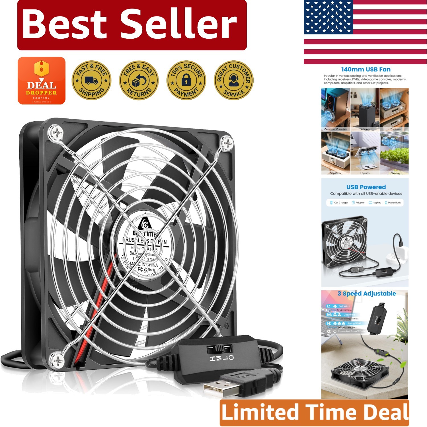 Efficient 140mm USB Fan with Brushless Motor & Metal Guards for Electronics