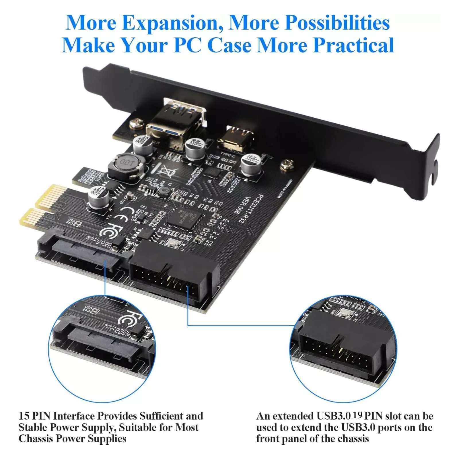 PCI-E 1X to USB3.2 Gen1 5Gbps 2 Ports(Type C+ Type A) Expansion Card With 19PIN