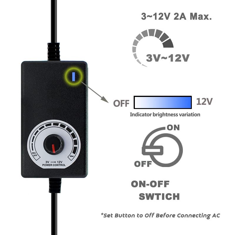 12V Fan Power Supply,PC Speed Controller,100-240vAC to 3-12vDC 24W Adjustable