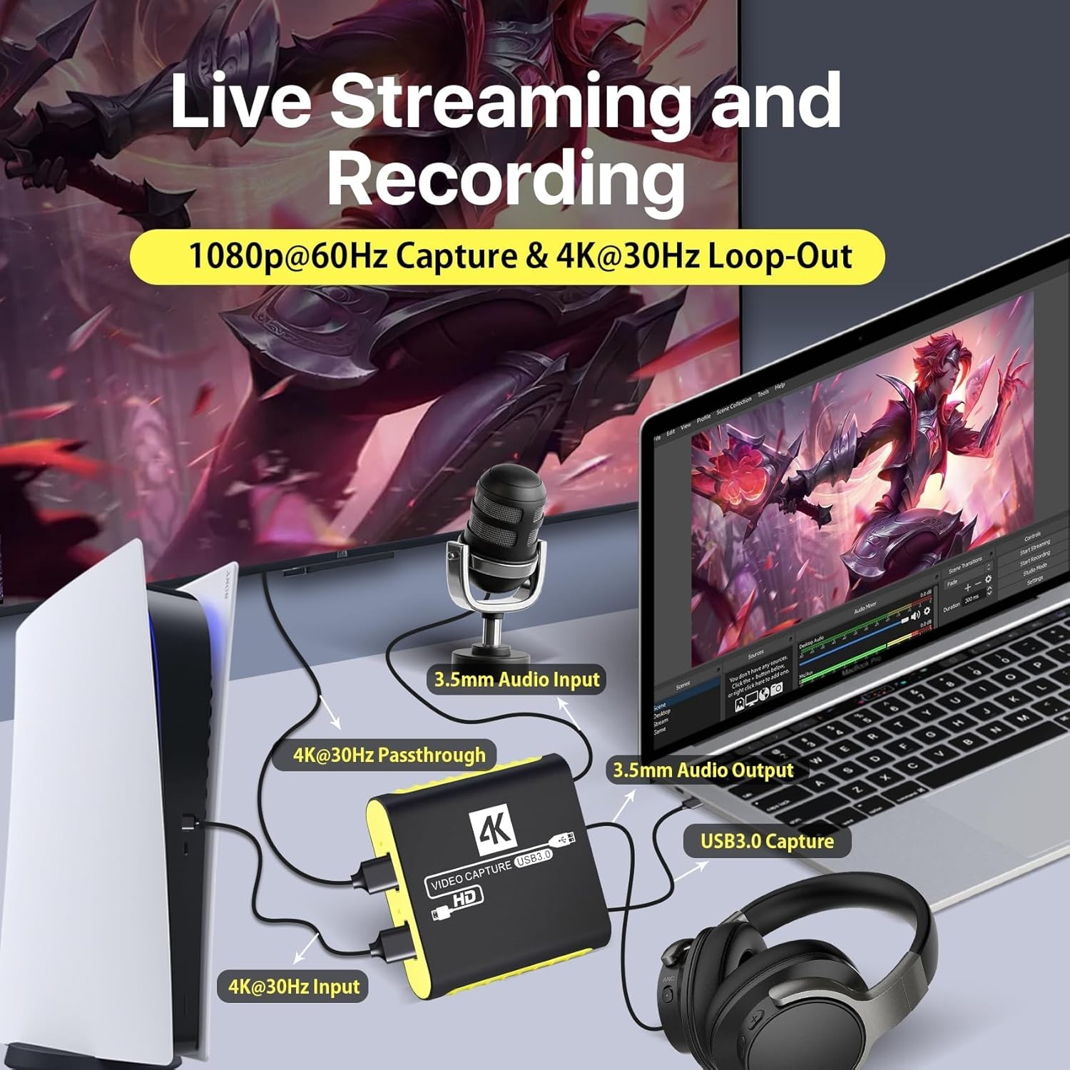 HDMI Capture Card for Nintendo Switch 2, 1080P 60FPS, Yellow | USB 3.0 plug and