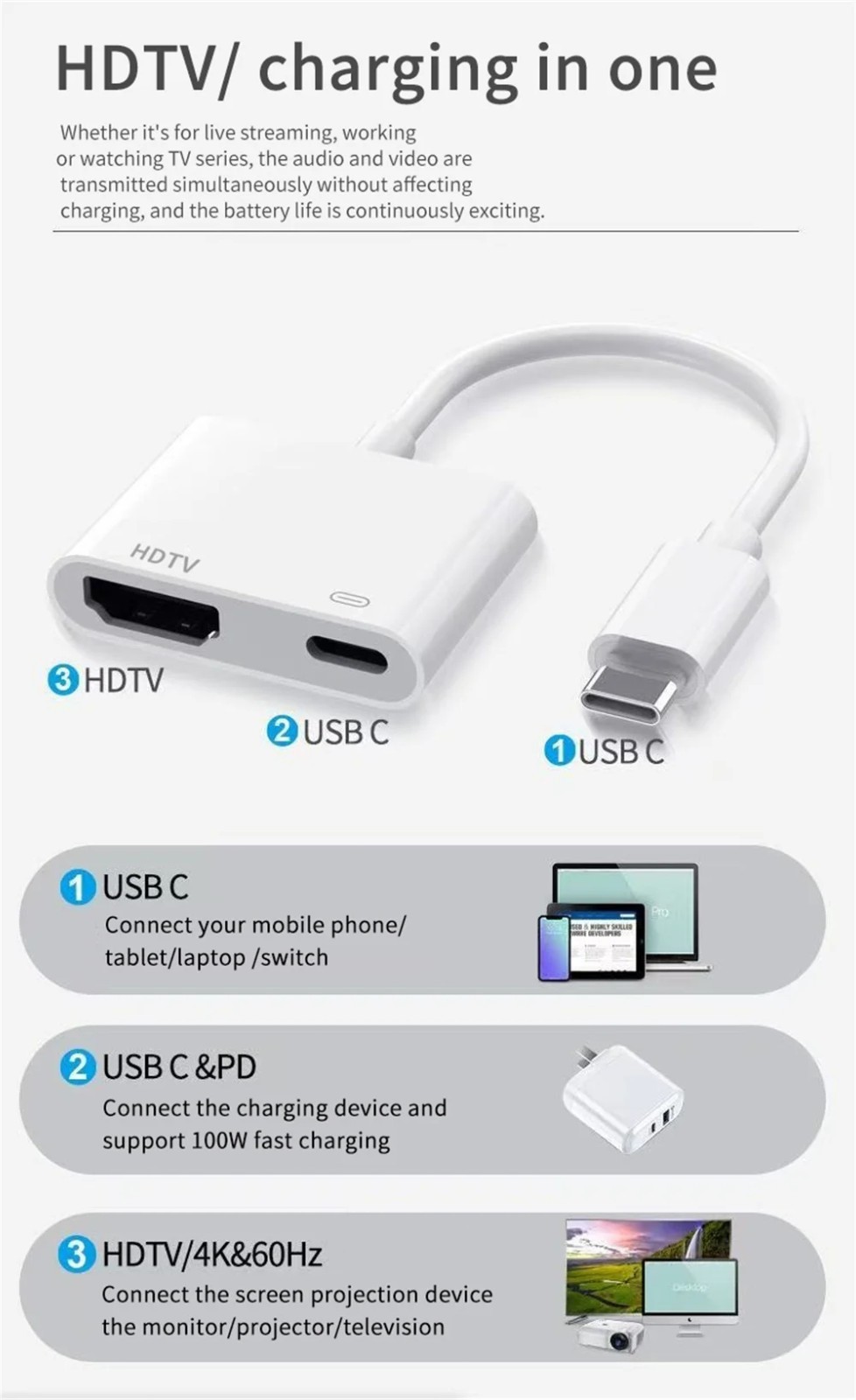 USB C to HDMI Adapter for iPhone 17/16/15 TV, Type C 4K@30Hz, White