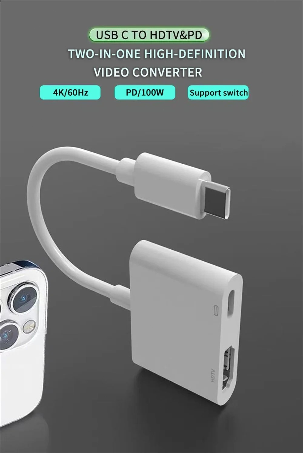 USB C to HDMI Adapter for iPhone 17/16/15 TV, Type C 4K@30Hz, White