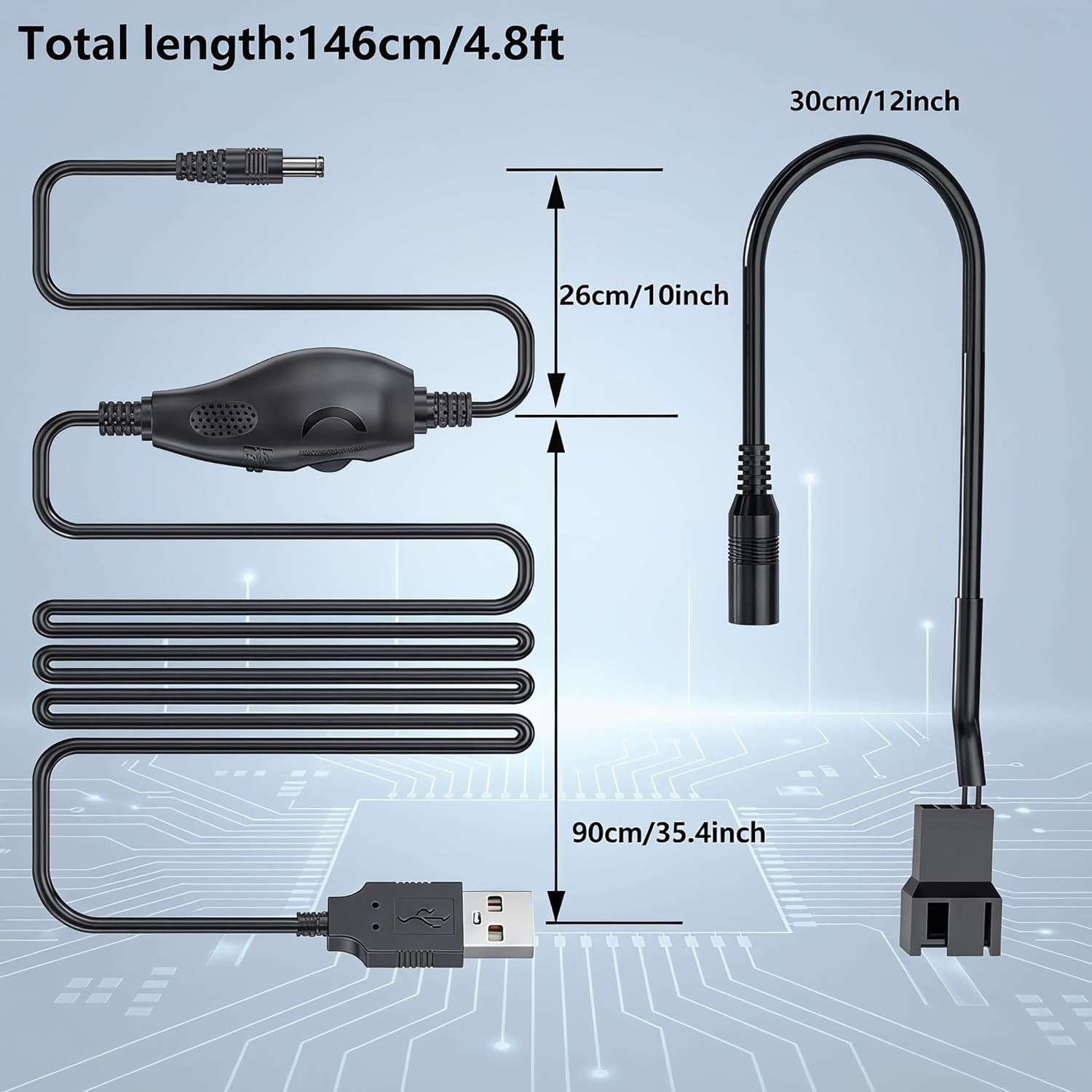 USB 5V to 5-12V Adjustable Fan Speed Controller, 4.8FT Cable, DC5521