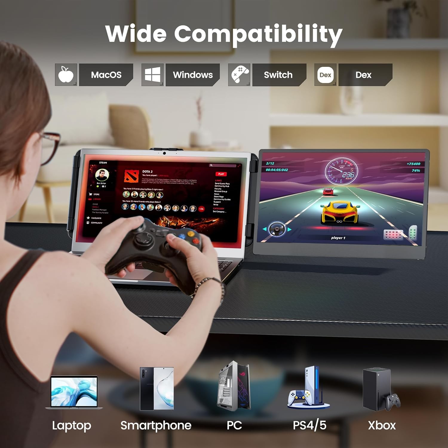 14″ Laptop Monitor Extender, FHD 1080P IPS, HDMI/USB-A/Type-C, for 13.3″-17″ Lap