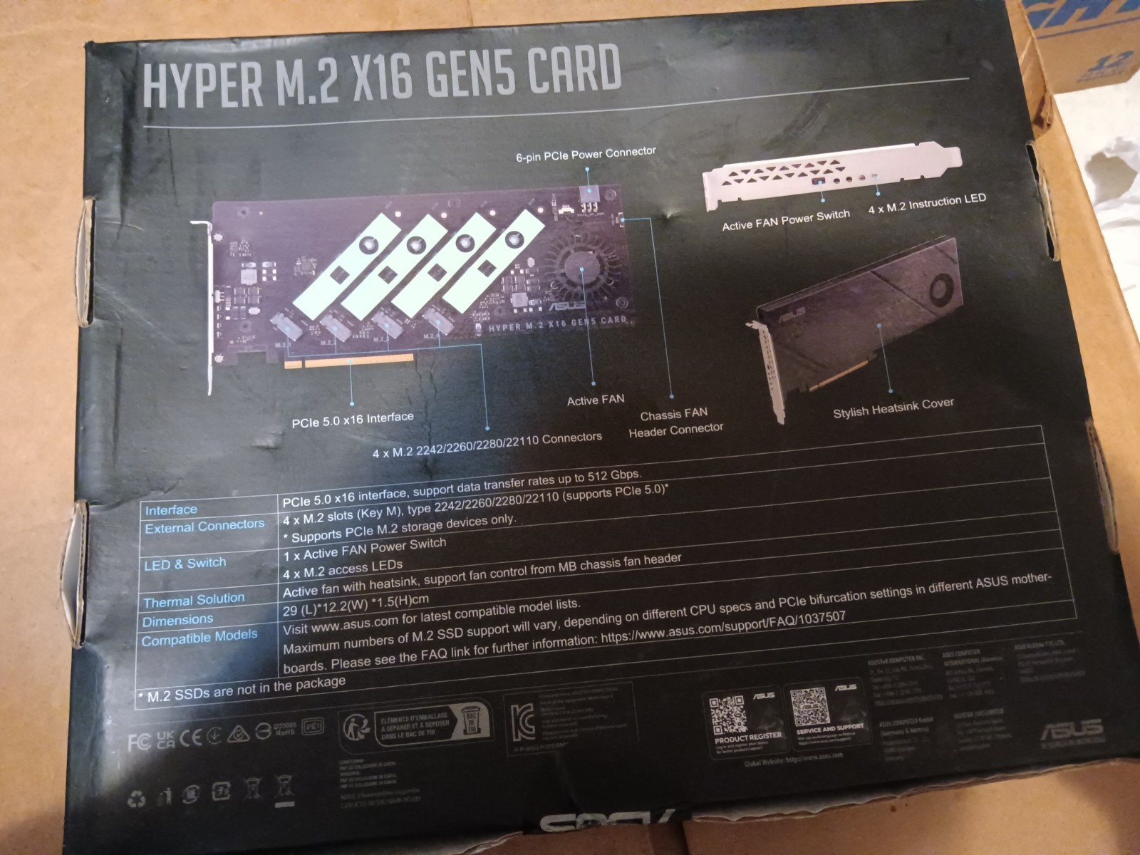 ASUS Hyper M.2 x16 Gen5 Card (PCIe 5.0/4.0) supports four NVMe M.2 (2242/2260/22