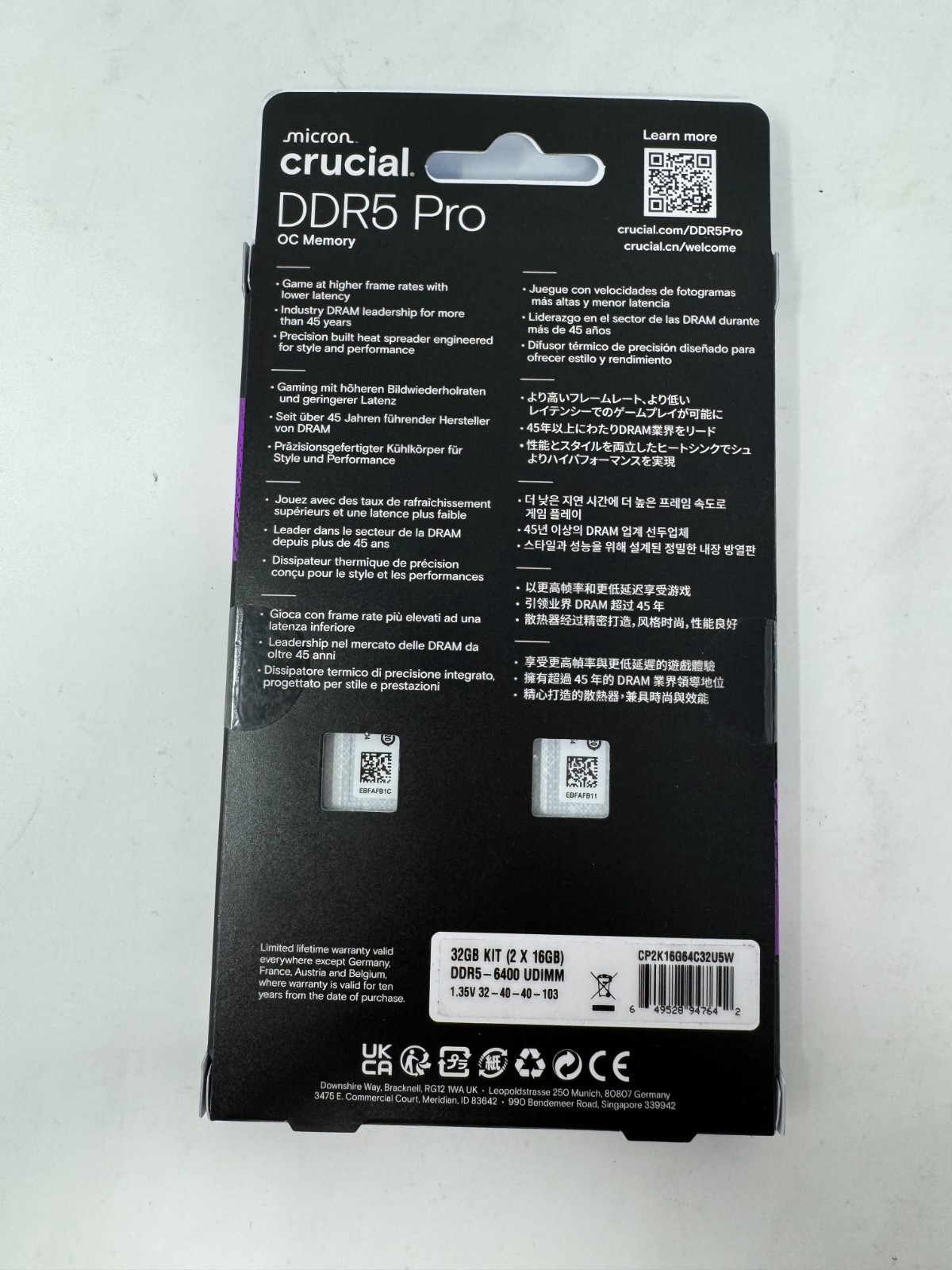 New Sealed Crucial Pro OC 32GB(2×16)DDR5-6400 XMP CL32 Desktop RAM Memory White
