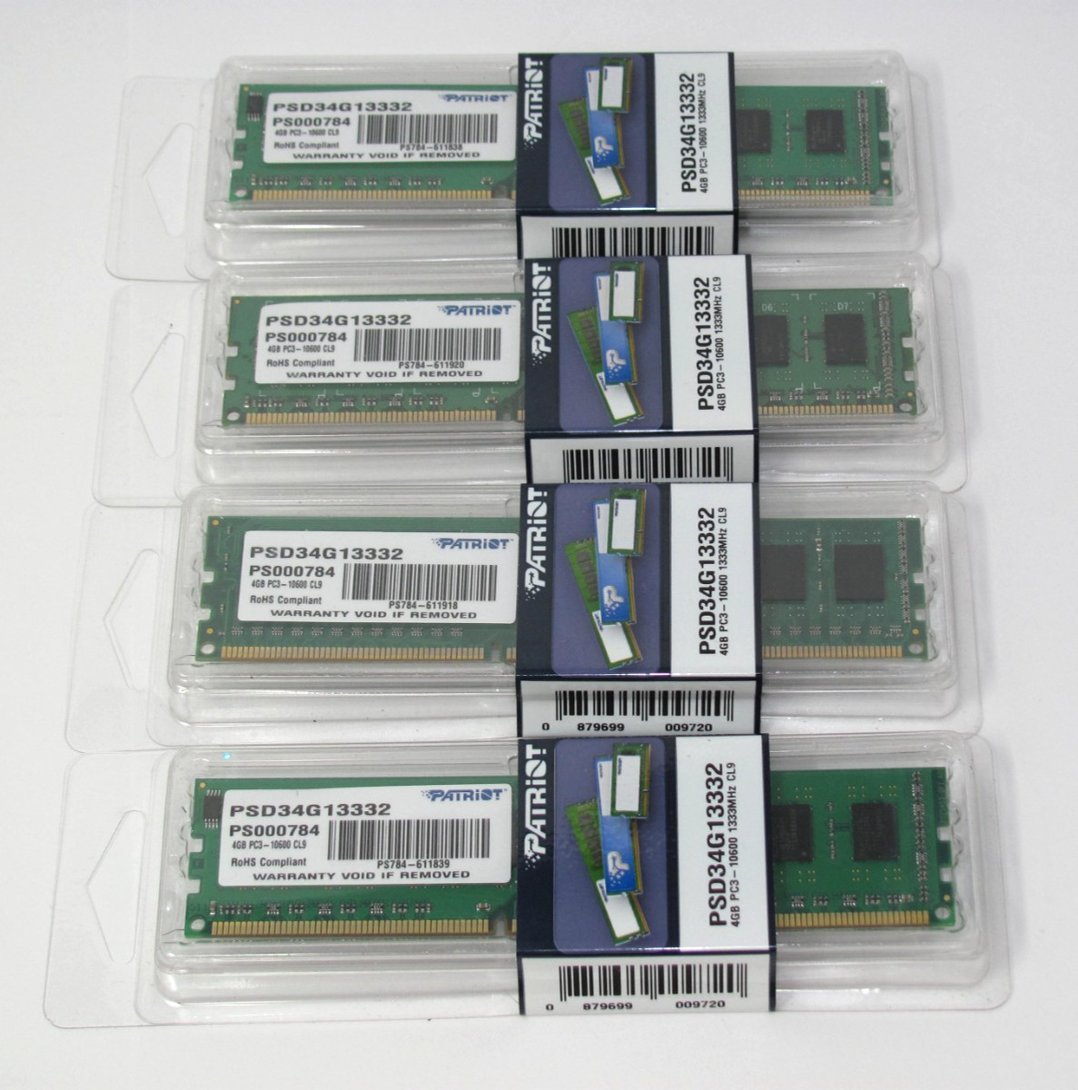 Patriot Memory 4GB X 4 Pieces PC3-10600 CL9 1333Mhz RAM (PSD34G13332)