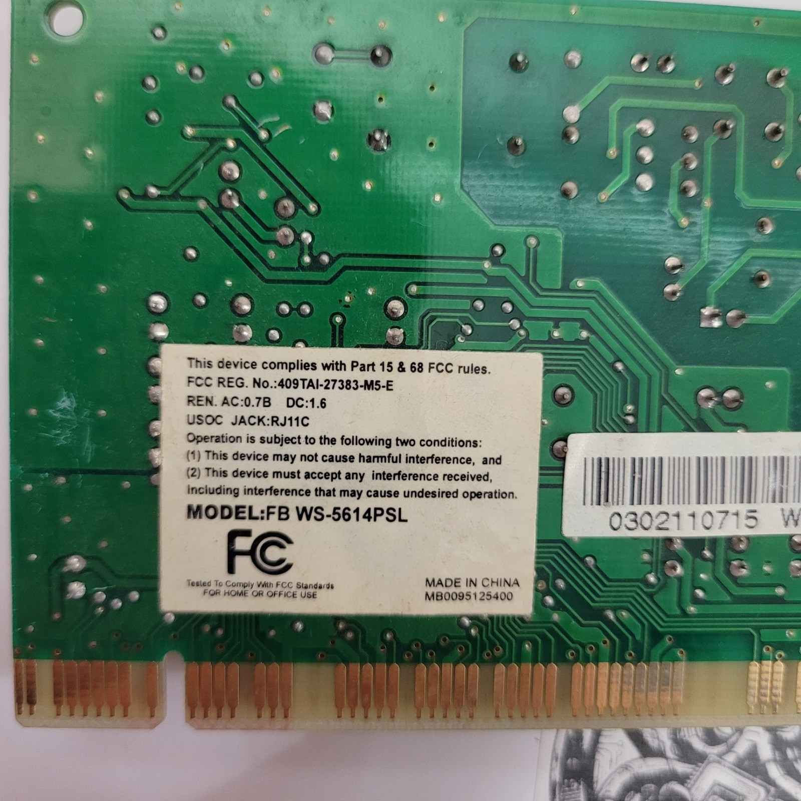 Motorola FB WS-5614PSL PCI Internal Fax Modem Card Vintage 62412-51 Chipset
