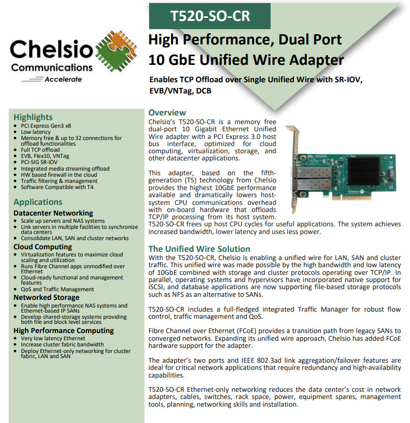 Chelsio T520-SO-CR 2-Port 10GbE SFP+ PCIe 3.0 x8 Network Adapter SFF 110-1188-50