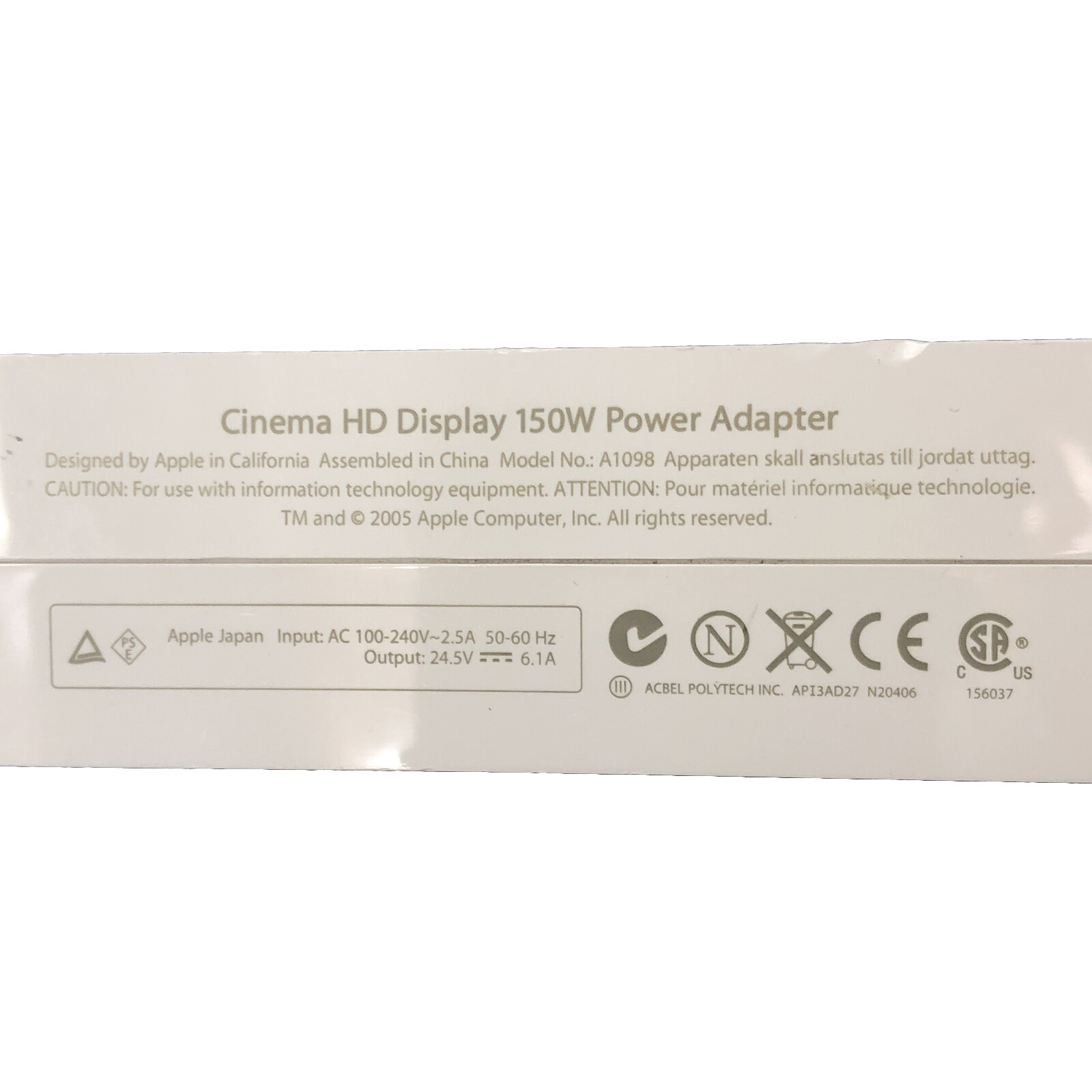Genuine A1098 Apple Power Supply Adapter 150W For Cinema HD Display Monitor w/PC