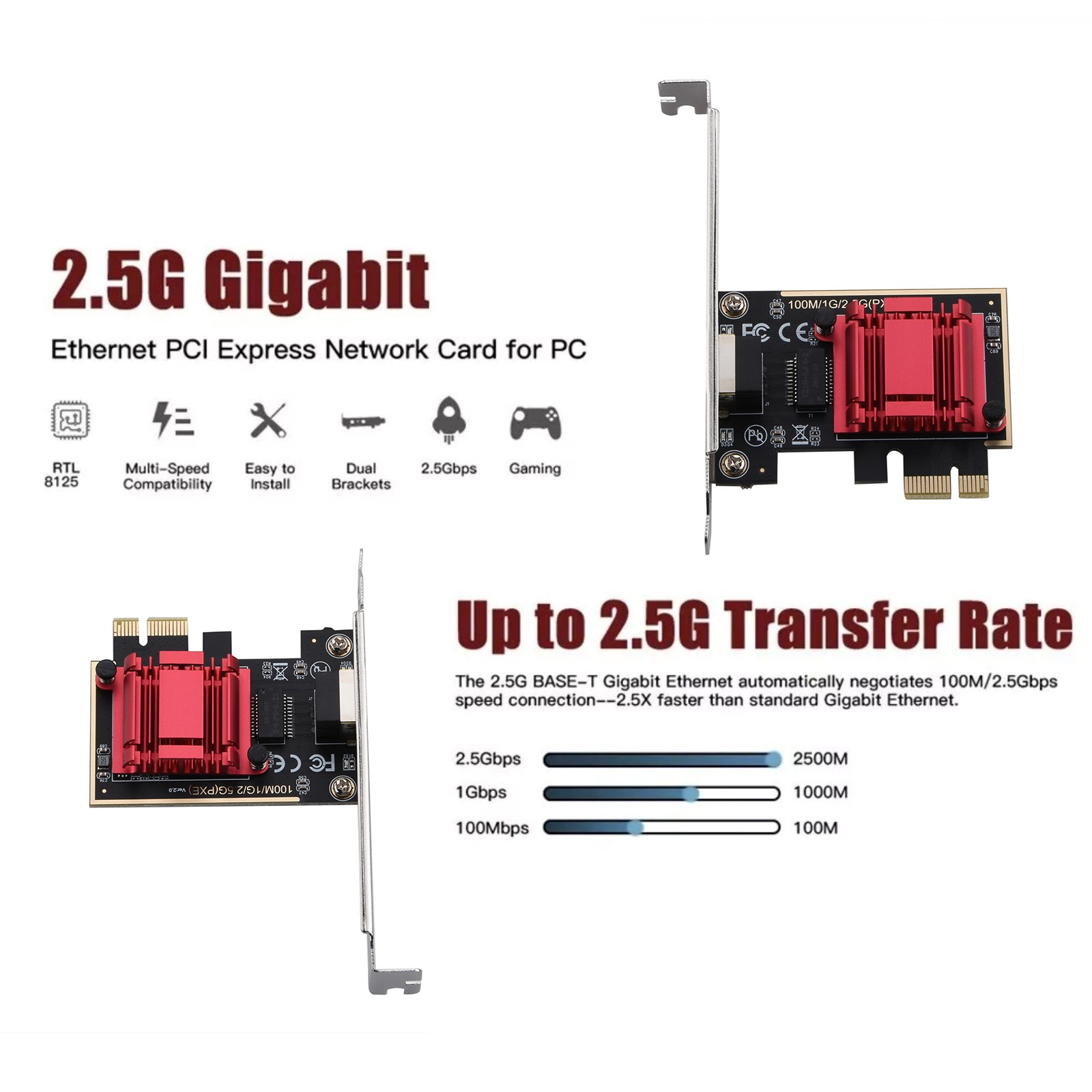 2.5Gbps Network Card RTL8125 Clip RJ45 Port PCI-E Network Card For PC Win10/11