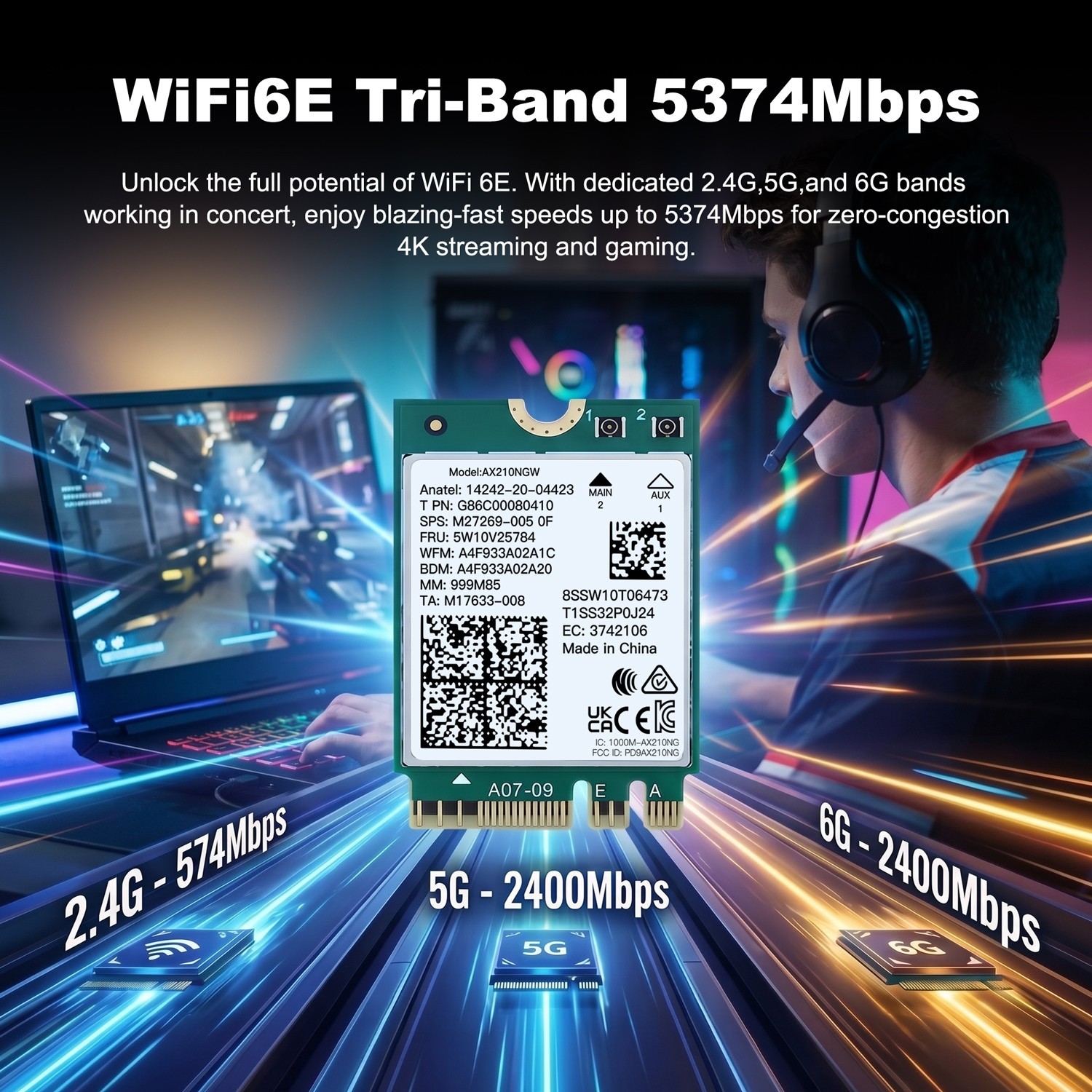 AX210NGW WiFi 6E M.2 Key A/E Card Bluetooth 5.4 Tri-Band 5400Mbps for Win 10/11