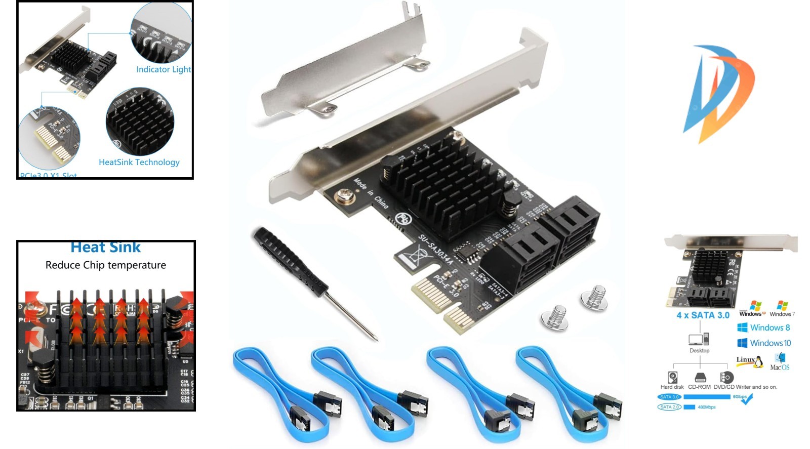 Versatile SATA Expansion Card: 4 Ports, PCIE 3.0, Compatible with Windows/Linux