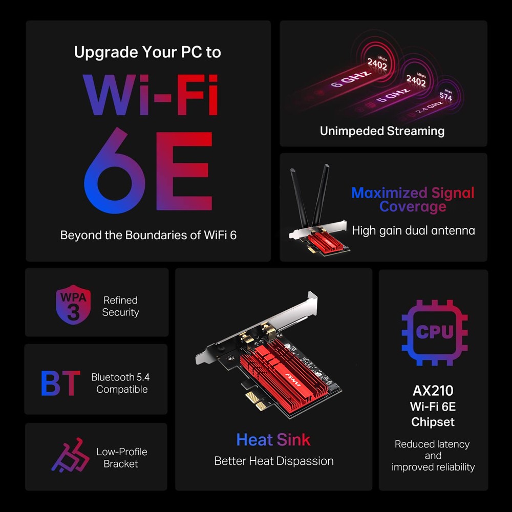 PCIe WiFi 6E Card AX210 Tri-Band 5400Mbps Bluetooth 5.4 for Desktop Win10 Win11