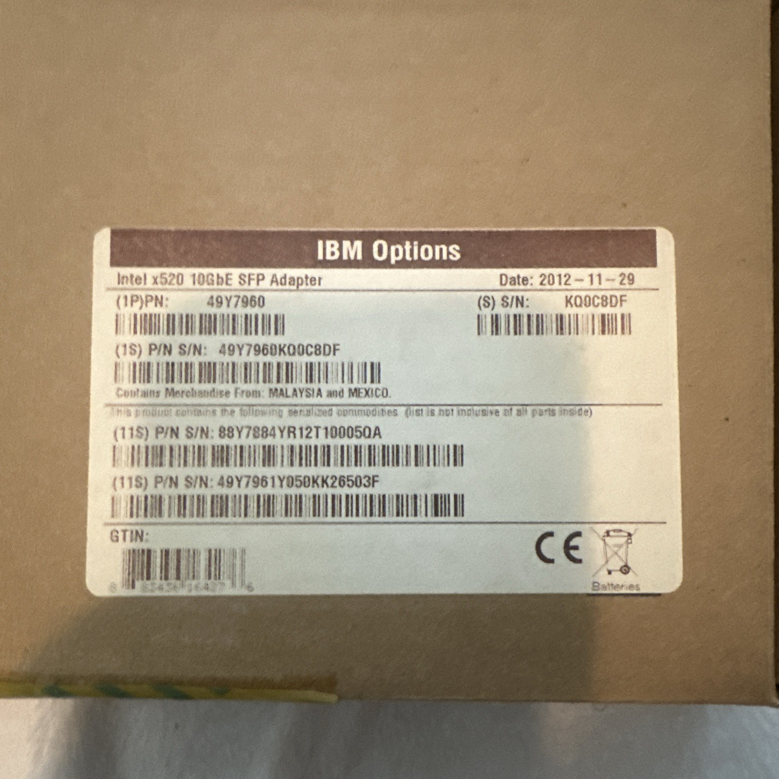 Lot of 2 X520-DA2 IBM/INTEL DUAL PORT 10GbE SFP+ ADAPTER 49Y7961 49Y7962 49Y7960