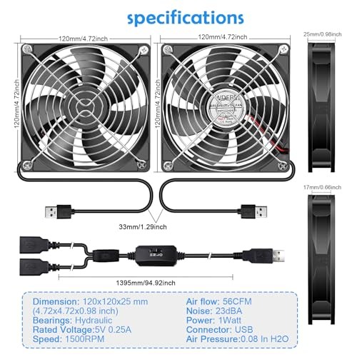 120mm Computer Case 5V USB Powered Fan, Small Silent Flat 2 in 1-12025-USB