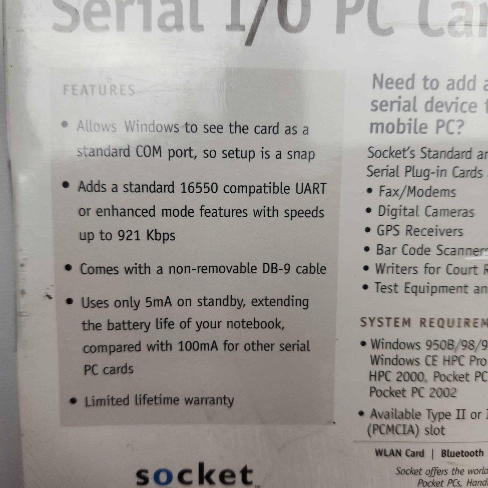 NIB Socket Serial I/O PC Card Ruggedized RS 232 COM Port SL0707 078