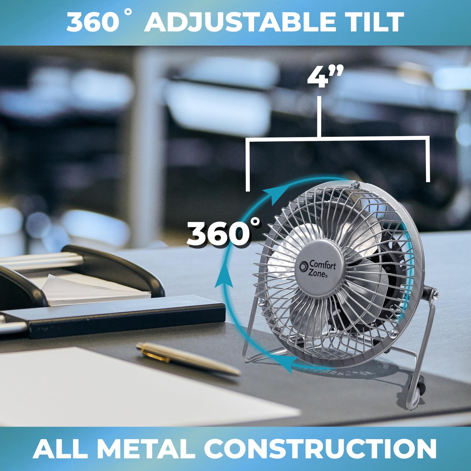 Comfort Zone 4-inch All-Metal Mini Desk Fan – High Velocity 4″, Black