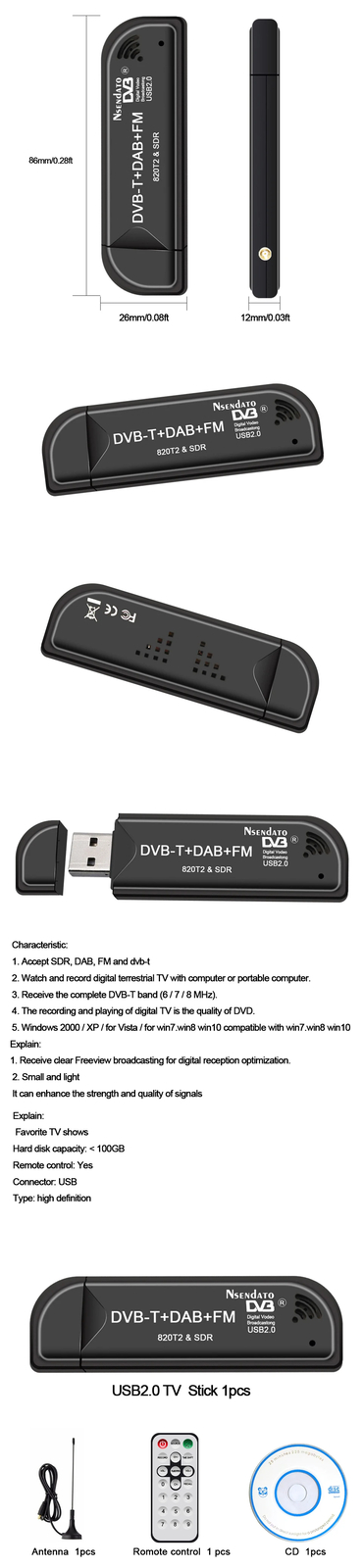USB2.0 Digital DVB-T SDR+DAB+FM HDTV TV Tuner Receiver Stick HE RTL2832U & R820T
