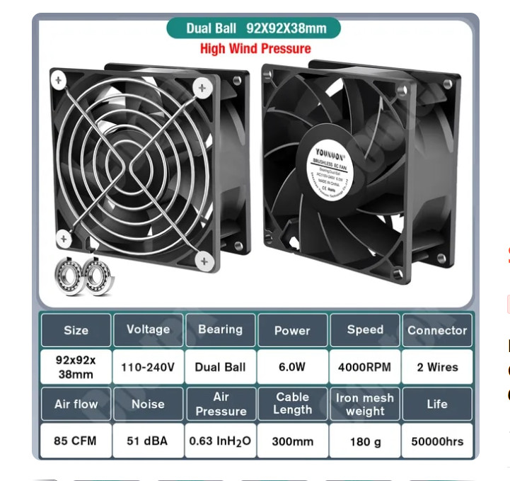 AC 9238 92mm X 38mm 110V 120V Dual Ball Metal Cooling Axial Fan High Airflow