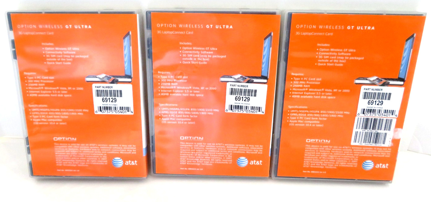 OPTION Wireless GT 7.2 ULTRA 3G Laptop Connect Card AT&T Lot of Three (3)