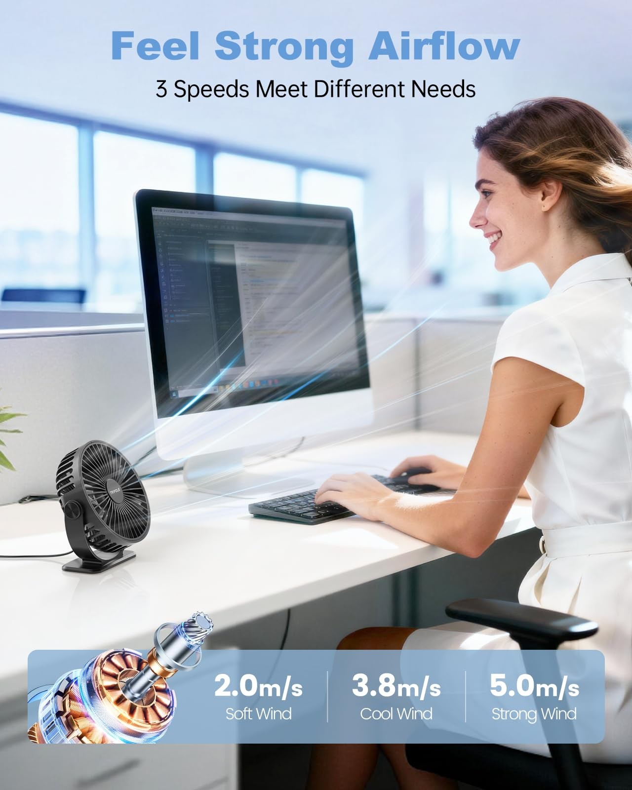 TriPole Desk Fan USB Powered Small Portable Fan, 3 Speeds Mini, Black