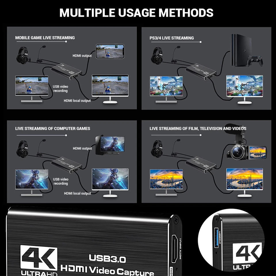 4K Audio Video Capture Card USB 3.0 HDMI Video Capture Device HD Recording Lot