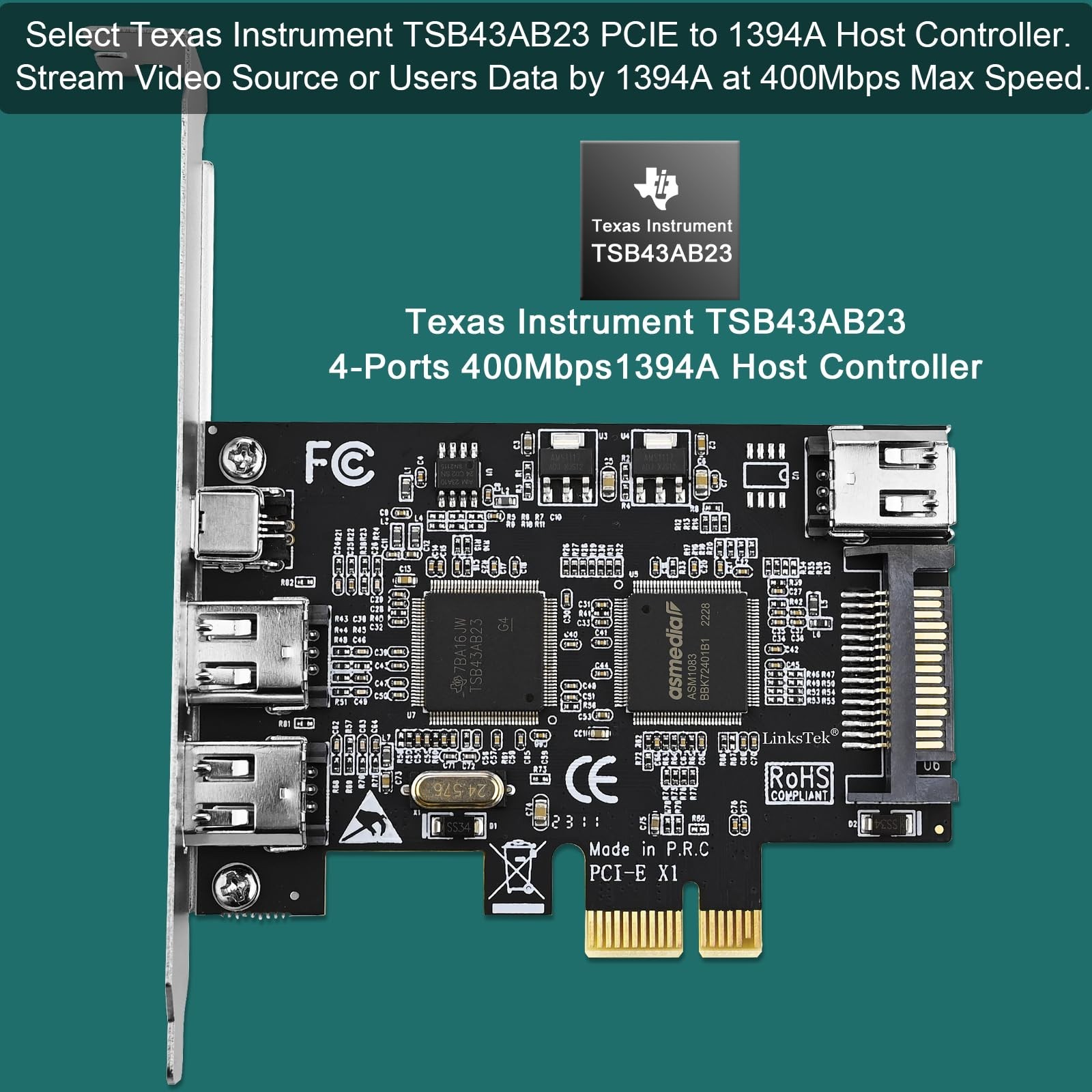 4-Port PCIe Firewire 400 Card, 1394A Interface for Windows & Mac, Cables Include