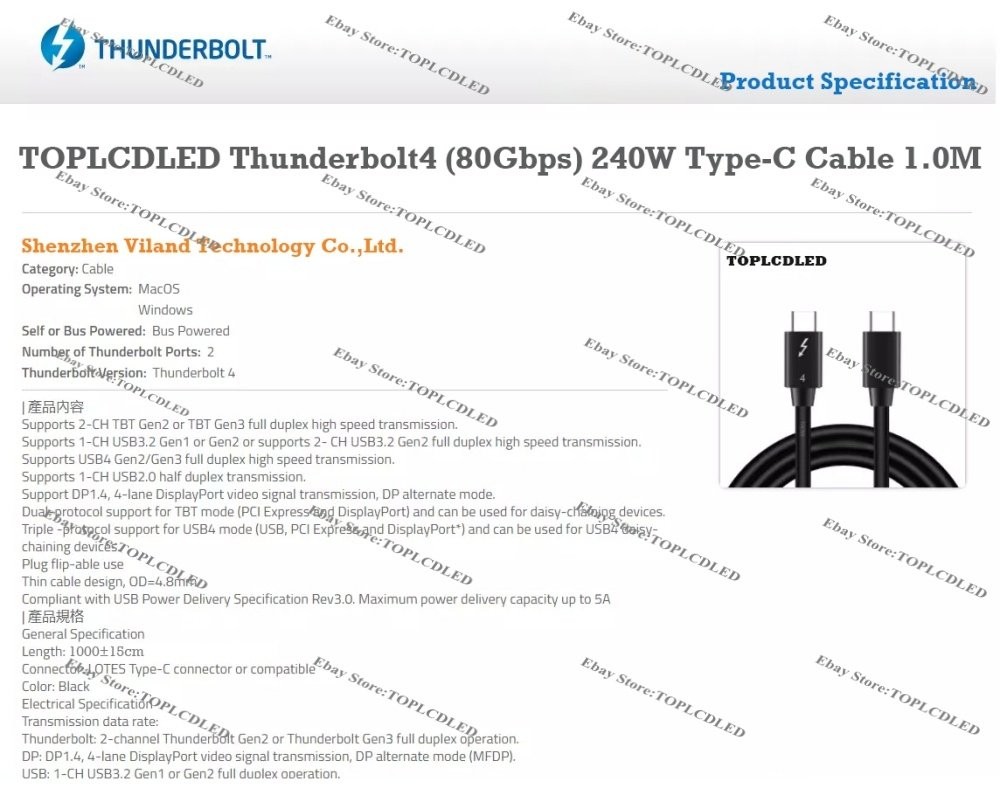 Thunderbolt 4 3 USB 4.0 Type-C Fast Charging&Data Cable 80Gbps PD 240W 8K Wire