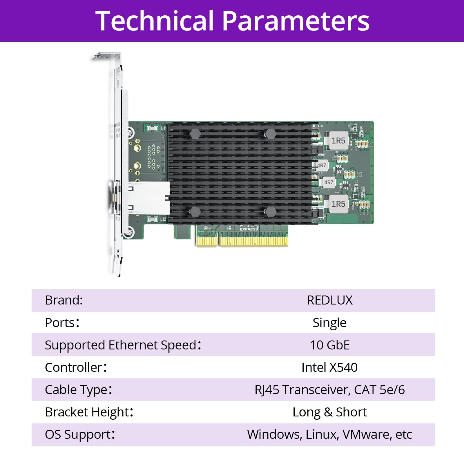 10GB PCIe Network Card NIC Intel X540 Single RJ45 Port PCIE 2.0 X8 Windows