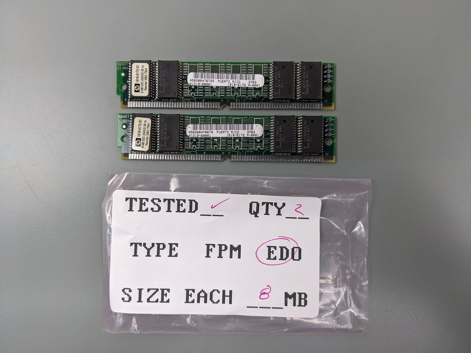 (2) HP 8MB EDO SIMMs 72-Pin Memory (16MB Total RAM) 1818-6172