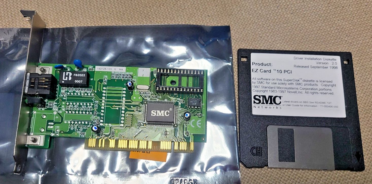 SMC 1208T EZ Card 10 Network Adapter PCI RJ-45 10Base-T 10Mbps With Driver Disc