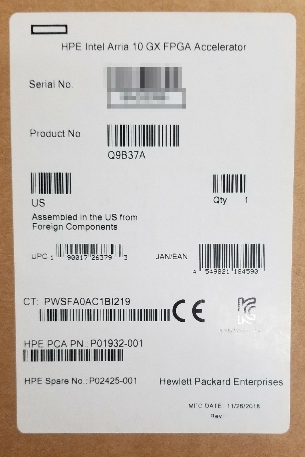HPE Intel Arria 10 GX FPGA Accelerator Q9B37A P012425-001 BD-ACD-10AX1152H