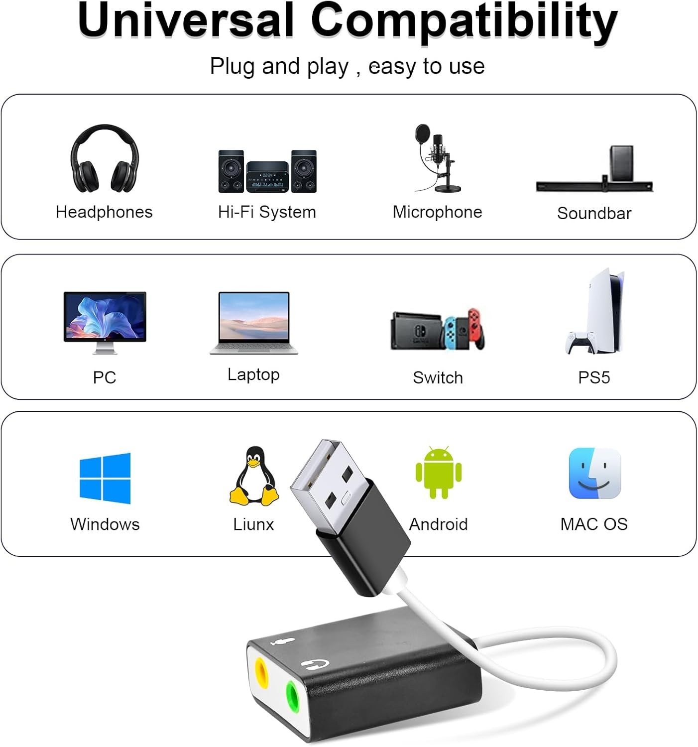 USB Audio Adapter External Sound Card 3.5mm Mic Headphone for PC Laptop