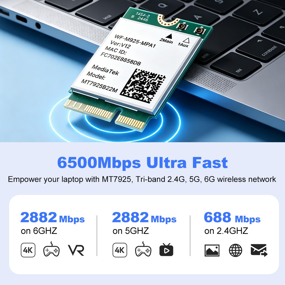 WiFi7 MT7925 Tri-band 6GHz Wireless WiFi Card Bluetooth 5.4 M.2 Adapter 802.11BE