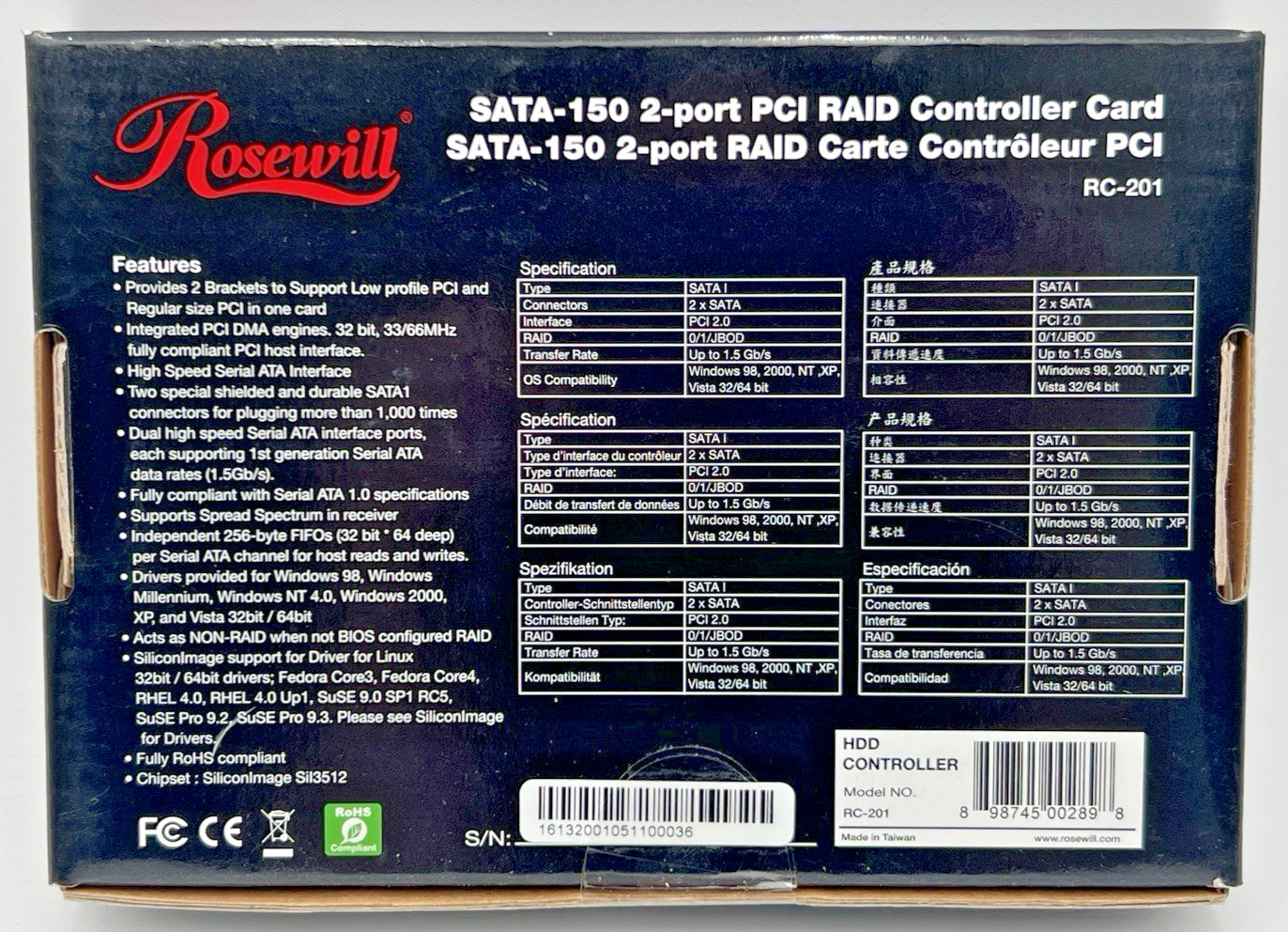 (2) ROSEWILL RC-201 SATA-150 PCI RAID CONTROLLER CARD 2-PORT